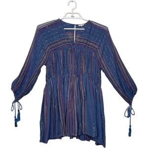 EN CRÈME Blue Colorful Metallic Tiered‎ Sun Dress Tie Tassel Sleeve Boho Sz S